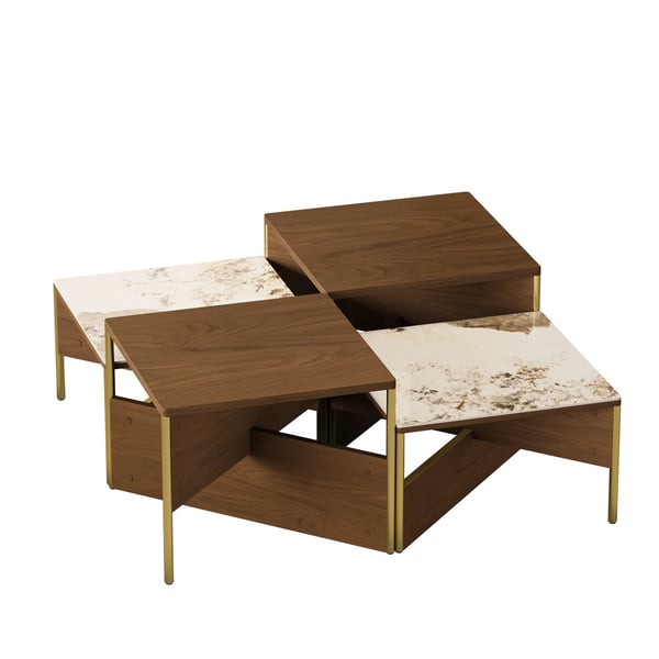 1000mm Square Modern Coffee Table Walnut Veneer Coffee Table in Gold Frame Homary UK
