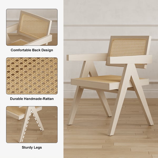 Archic Japandi Bleached Wood Rattan Dining Chair with Solid Wood Frame