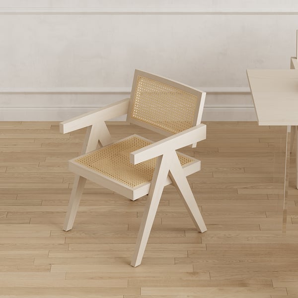 Archic Japandi Bleached Wood Rattan Dining Chair with Solid Wood Frame