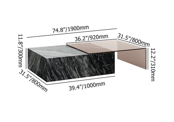 2 Piece Modern Large Square Coffee Table in Black Tea with
