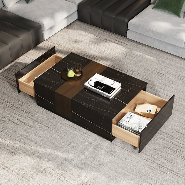 47.2" Vewal Wood Block Coffee Table Marble & Walnut Veneer in Black