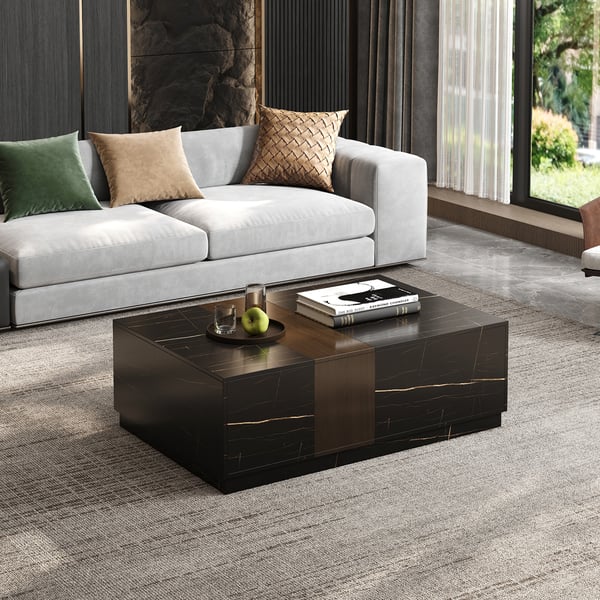 47.2" Vewal Wood Block Coffee Table Marble & Walnut Veneer in Black