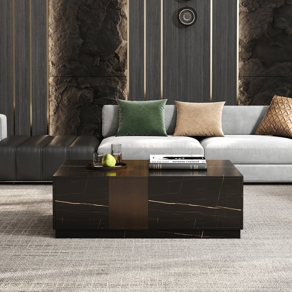 47.2" Vewal Wood Block Coffee Table Marble & Walnut Veneer in Black
