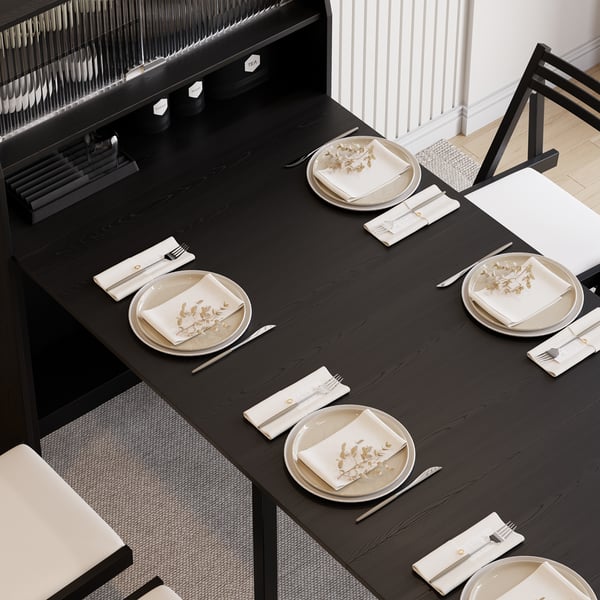 Modern Extendable Black Dining Table with Storage Rectangle Sideboard Glass Door Homary