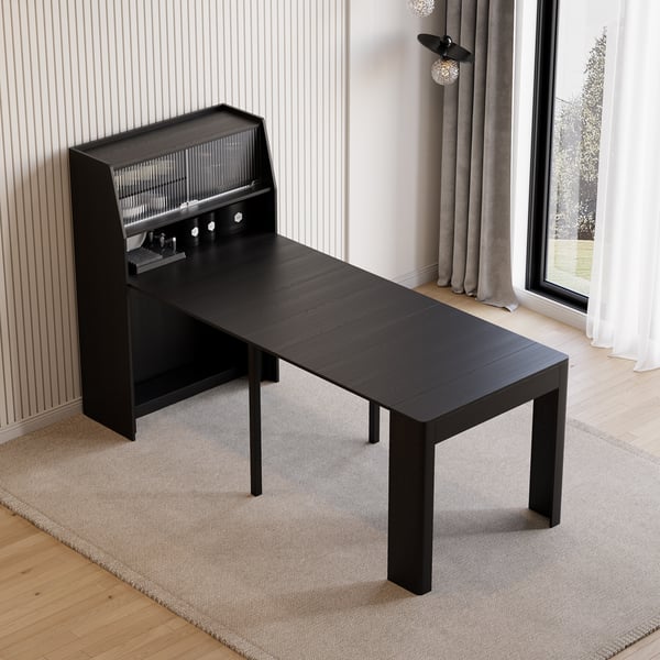 Modern Extendable Black Dining Table with Storage Rectangle Sideboard
