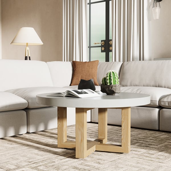 31" Round Concrete Gray Coffee Table with Cross Legs Pine Wood Base