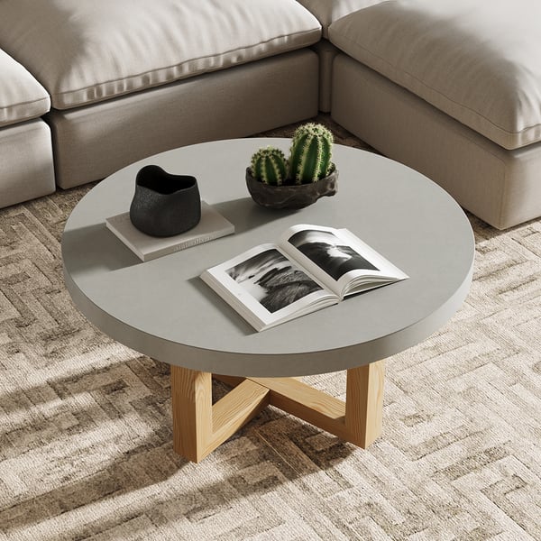 31" Round Concrete Gray Coffee Table with Cross Legs Pine Wood Base