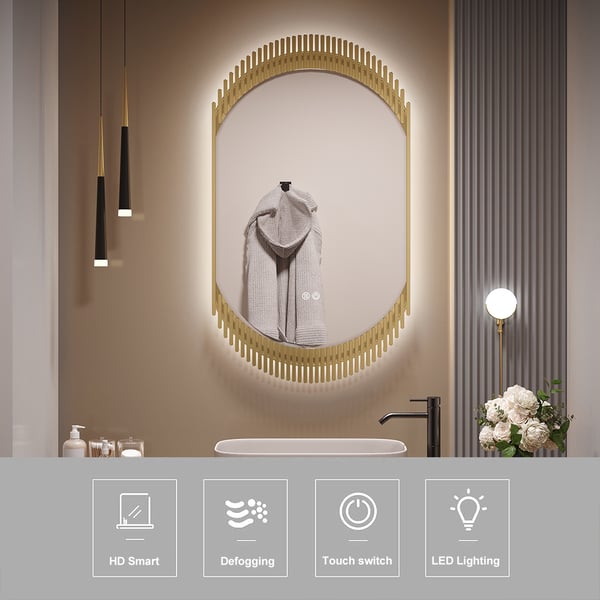 20" Oval Decor LED Bathroom Mirror WallMounted Defog in Gold Homary