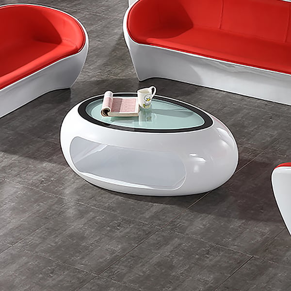 Oval Tempered Glass Coffee Table with Storage in FRP in White | Homary