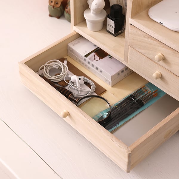 Simple Wooden Desktop Organizer with Drawers & Compartments Homary