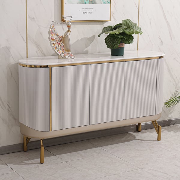 Modern White Buffet Oval Faux Marble Top Sideboard 4 Doors 6 Shelves