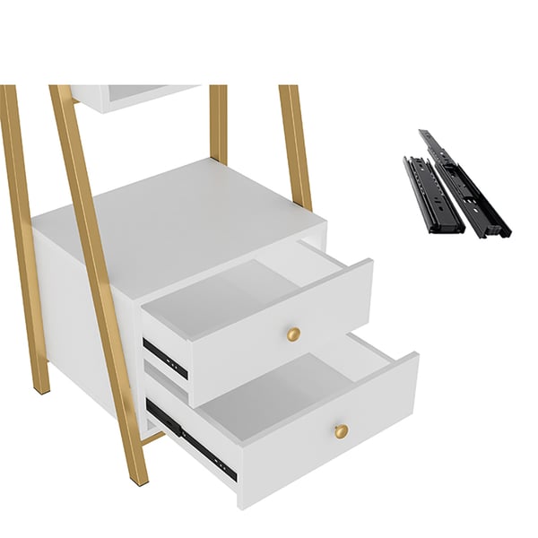 White & Gold Ladder Bookcase Storage with Drawers Homary