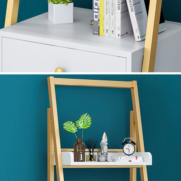 White & Gold Ladder Bookcase Storage with Drawers Homary