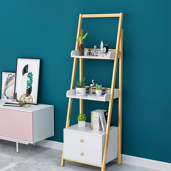 White & Gold Ladder Bookcase Storage with Drawers Homary