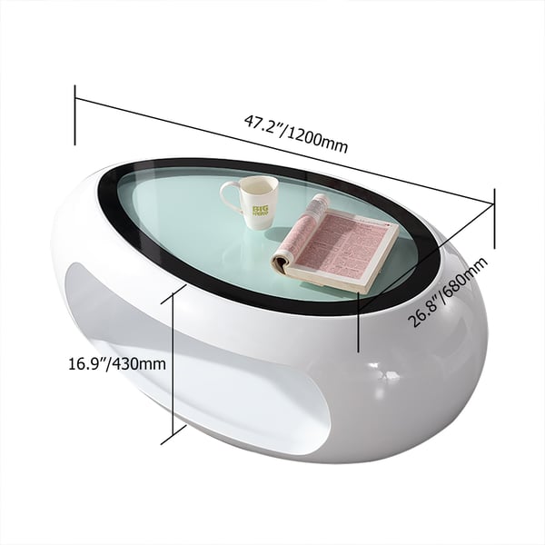 Oval Tempered Glass Coffee Table with Storage in FRP in White | Homary