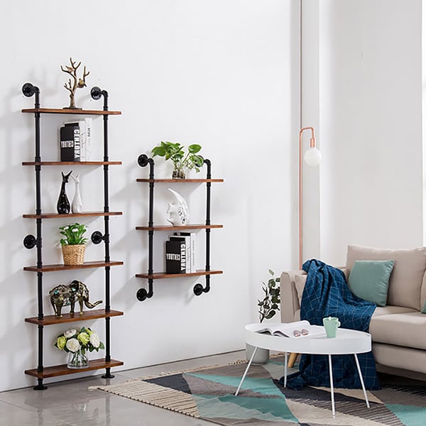 Industrial Wood WallMounted Pipe Ladder Bookshelf in MetalHomary
