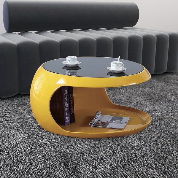 Yellow C-Shaped Coffee Table with Storage Tempered Glass Top ...