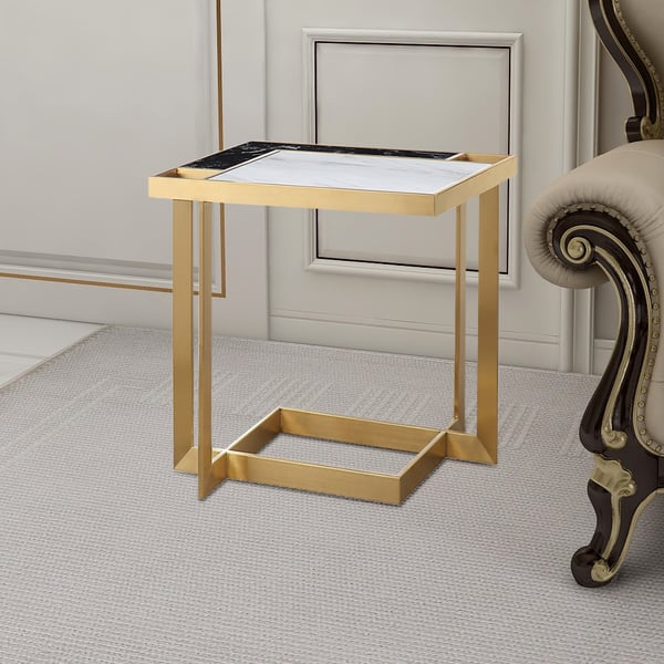 Modern Narrow Marble End Table in White & Black with Stainless Steel