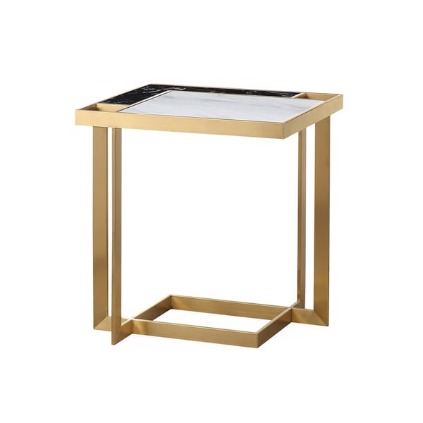 Modern Narrow Marble End Table in White & Black with Stainless Steel