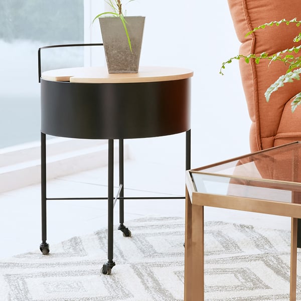 Black Metal End Table with Storage Wooden Top Round Side TableHomary