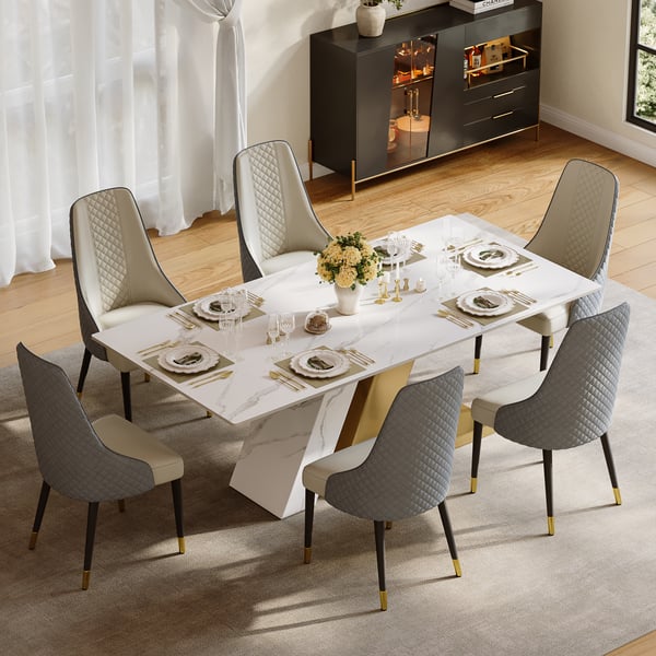 Dining Set 79" Modern Rectangle Sintered Stone Dining Table with 6 Chairs