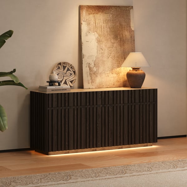 Aura 65" Ash Wood Slatted TV Stand with Sintered Stone Top