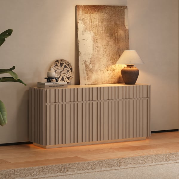Aura 65" Ash Wood Slatted TV Stand with Sintered Stone Top
