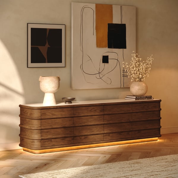 203 cm Ash Wood Walnut TV Stand with Sintered Stone Top, Drawers & LED