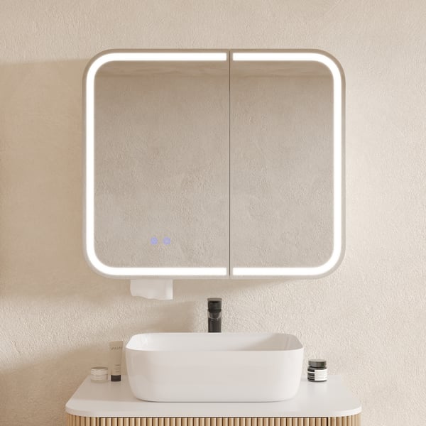 31" LED Bathroom Mirror Cabinet with Defogger, 3-Color Light, Tissue Slot
