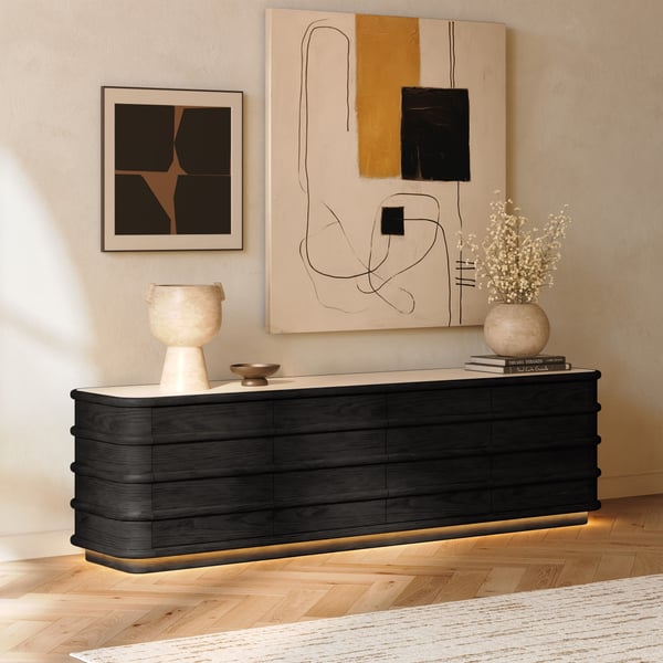 80" Ash Wood Black TV Stand with Sintered Stone Top