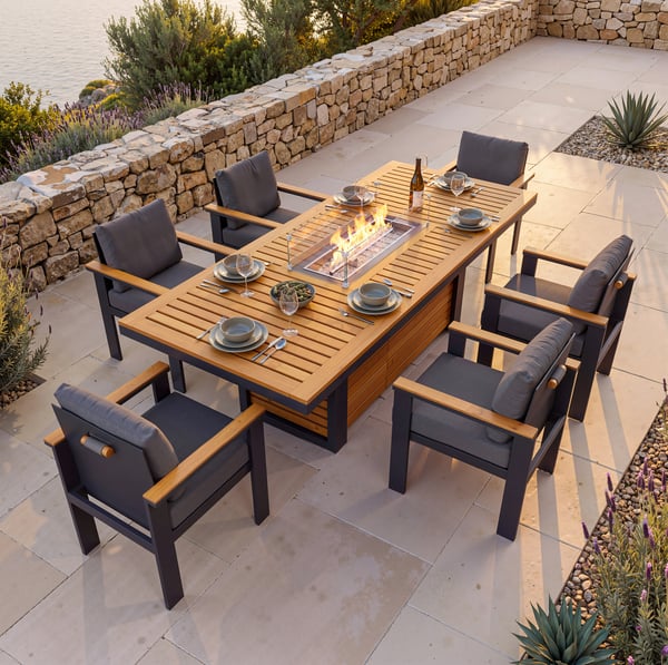 Tevara 7 Pieces Outdoor Dining Set with Propane Fire Pit Table & Aluminum Armchair