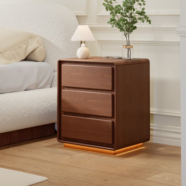 Haloa Walnut 3-Drawer LED Nightstand with Charging Station