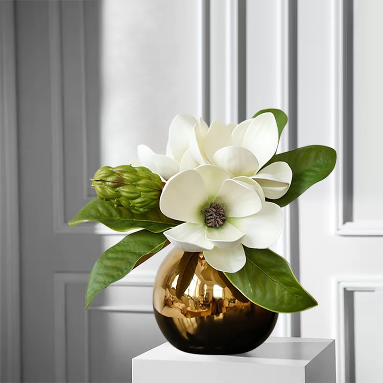Conjunto de vasos elegantes de flores artificiais em vaso Faux Magnolia Gold Glass Ball