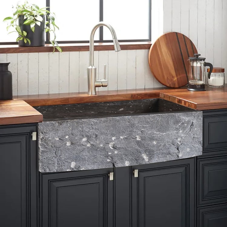 33" Farmhouse Black Kitchen Sink Natural Stone Single Large Sink with Drain