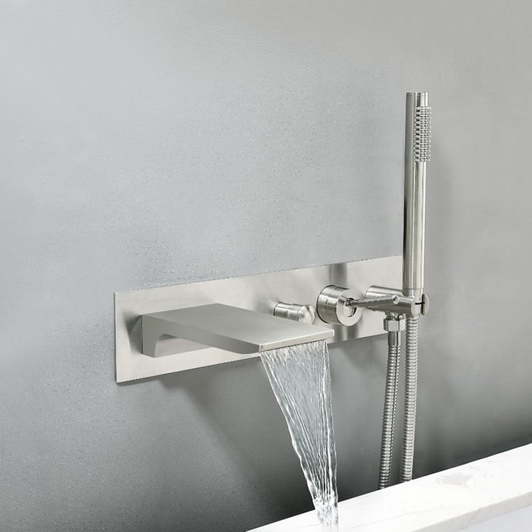 Modern Waterfall Tub Filler Wall Mounted Bathtub Tap with Handshower Brushed Nickel