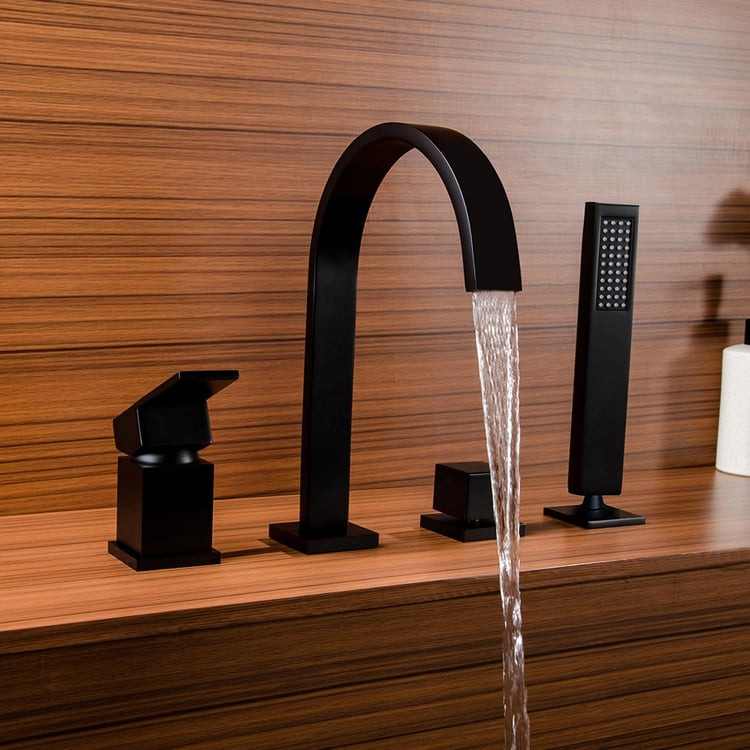 Dree Robinet de Bain 4 Trous à Bec Cascade avec Douchette en Laiton Massif Noir Mat