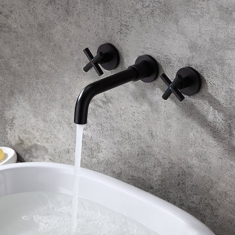 Melro Wall-Mounted Cross Handles Brass Bathroom Hand Wash Basin Mixer Tap in Matte Black