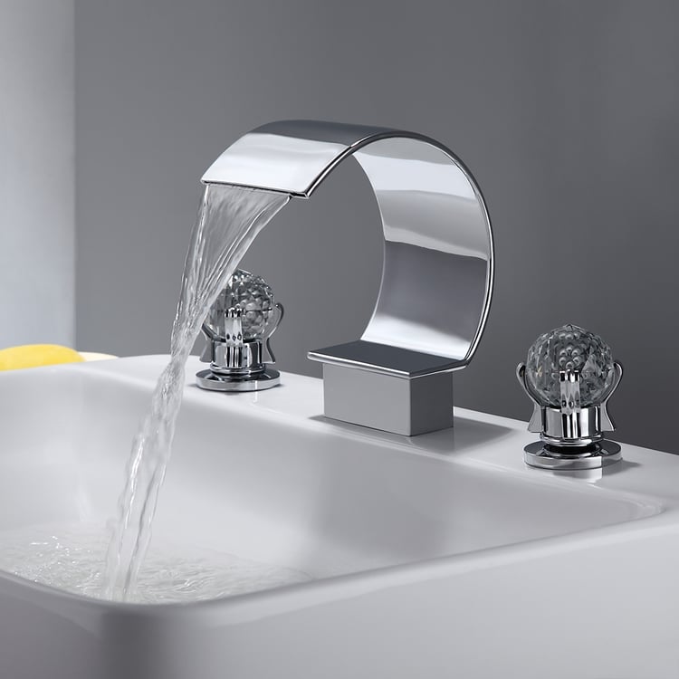 Mooni Chrome Waterfall Spout 2 Crystal Handle Widespread Bathroom Sink Faucet