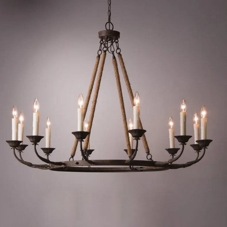 Bever Vintage 12-Light Candelabra Wagon Wheel Chandelier with Flaxen Hemp Rope