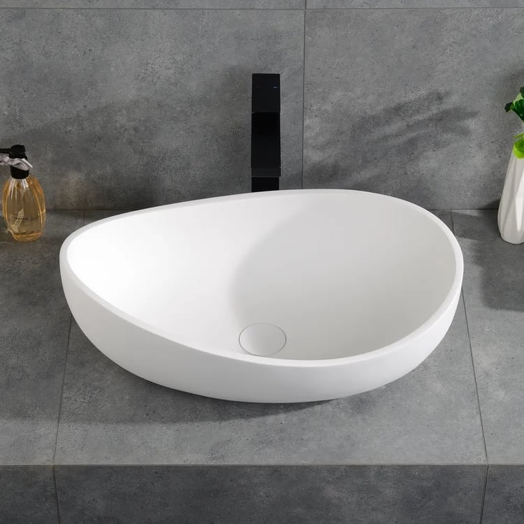 Bathroom Stone Resin Oval Vessel Sink Modern Art Sink Matte White with Pop Up Drain