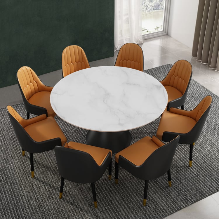 1200mm Round White Stone Dining Table Black Carbon Steel Base