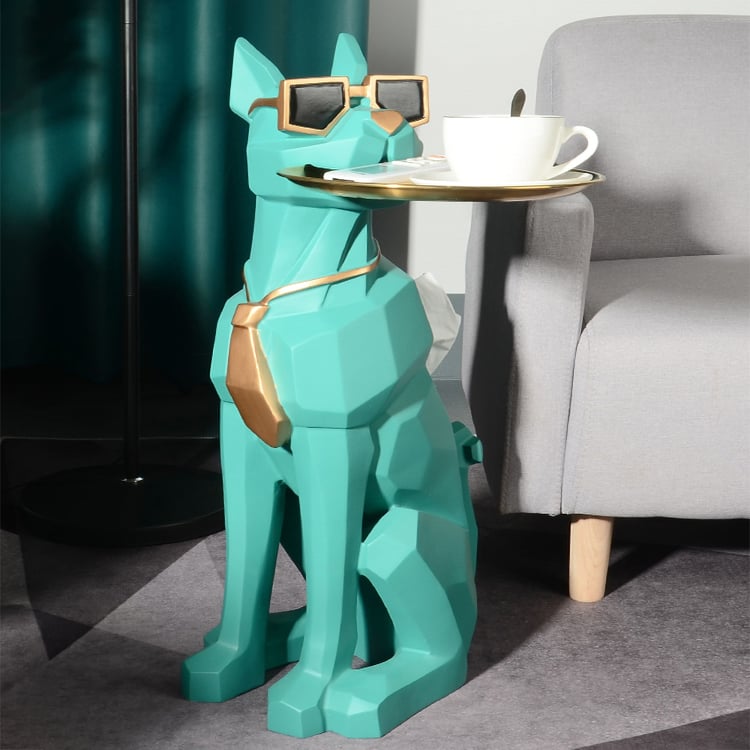 Dog Sculpture Resin Side Table with Tray Top & Tissue Box
