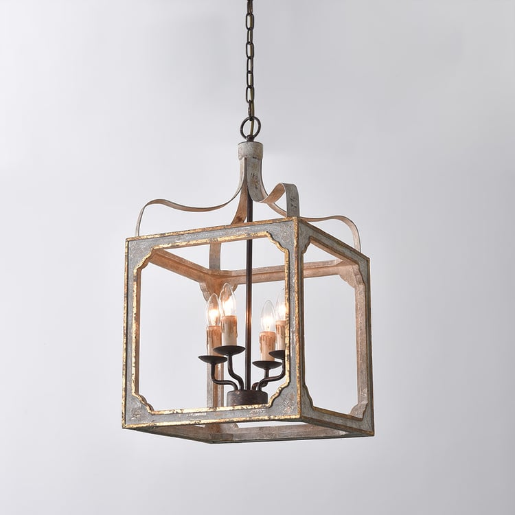 French 4-Light Lantern Chandelier Square Candelabra Pendant Light in Antique Gray 