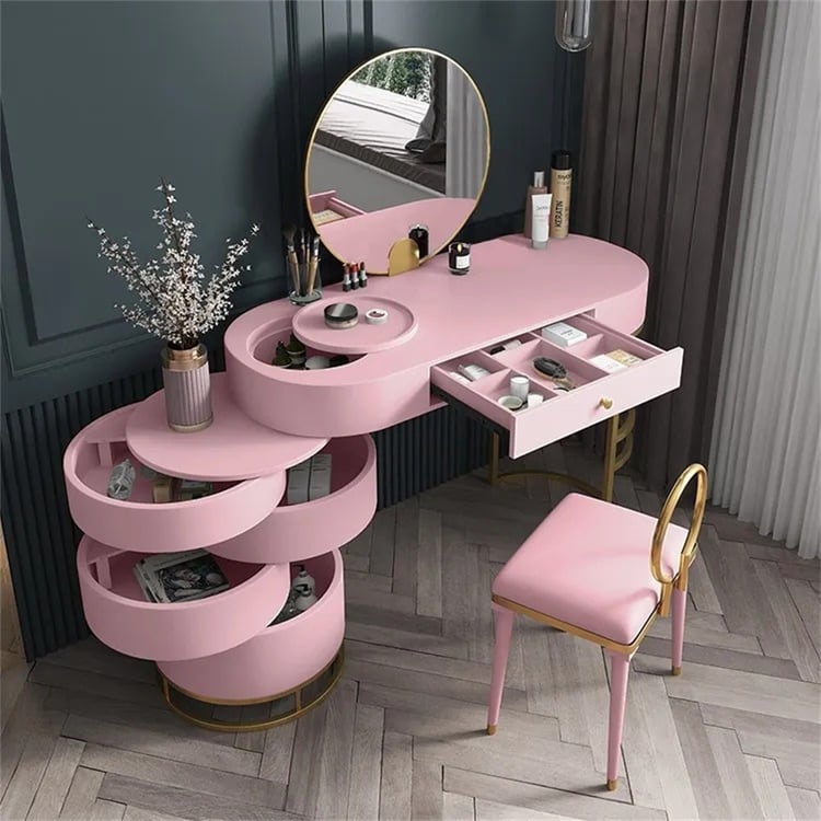 Pink Girls Makeup Vanity Set with Side Cabinet 4 Drawers Dressing Table Mirror & Chair