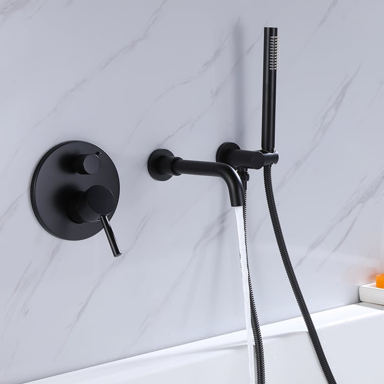 Stev Modern Wall-Mount Matte Black Bath Filler Mixer Tap with Handshower Solid Brass
