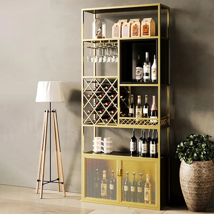 Industrial Gold 5-Tier Freestanding Wine Rack Storage with Glass Holder