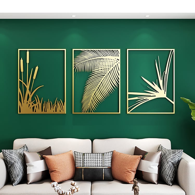 3 Pieces Modern Gold Metal Wall Decor Plant Art with Rectangle Frame