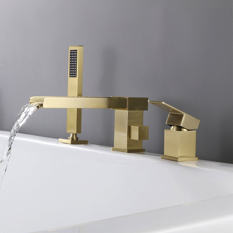Mill Deck-Mount Waterfall Roman Bathtub Filler Faucet with Handshower in Brushed Gold