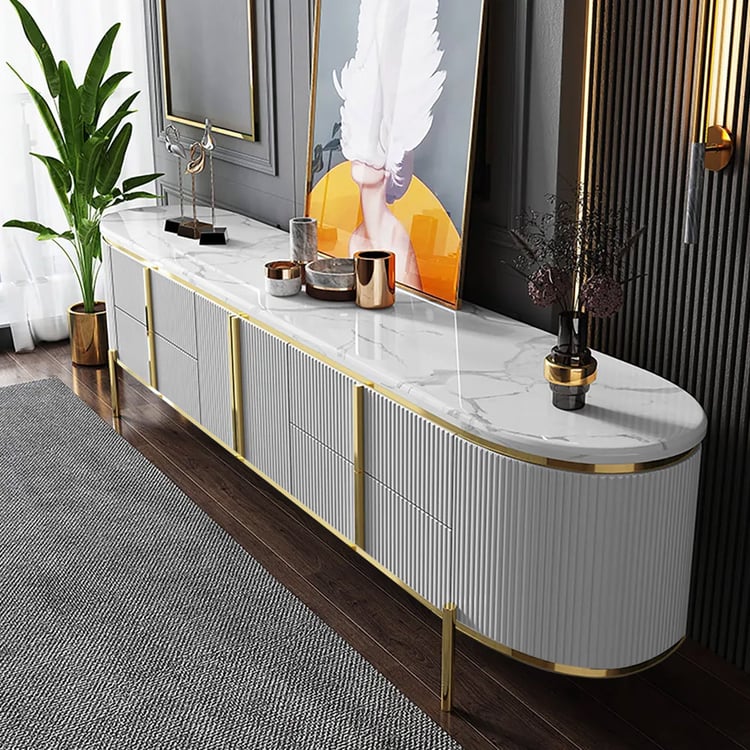 Gline Modern Oval TV Stand White Marble Top with Drawers & Storage for 2159mm TV