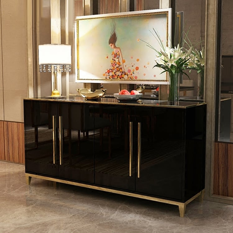 Buffet rectangulaire noir de 1500 mm avec dessus en verre trempé, 4 portes et 2 étagères